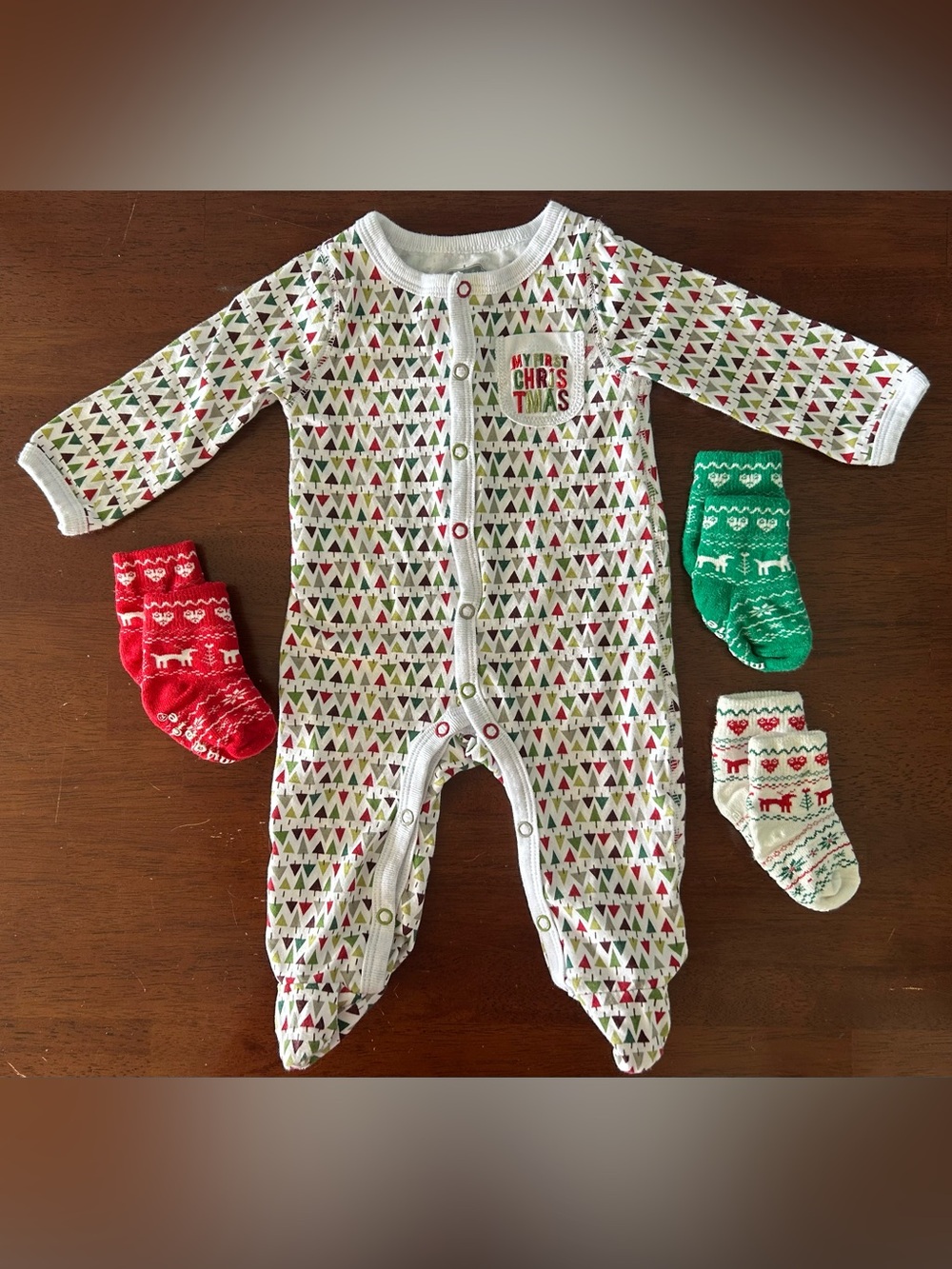 Mud Pie “My First Christmas” Footie with 3 Pairs of Winter Print Socks